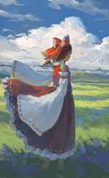 Rule 34 | 1girl, bow, closed mouth, cloud, day, detached sleeves, fjsmu, grass, hair bow, hakurei reimu, highres, looking afar, medium hair, on grass, outdoors, red bow, red skirt, red vest, scenery, skirt, sleeves past wrists, solo, standing, touhou, vest, wide sleeves