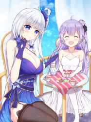 Rule 34 | 2girls, ^ ^, absurdres, azur lane, bad hands, bare shoulders, black legwear, blue butterfly, blue dress, blue eyes, blue flower, blue gloves, blue rose, breasts, bug, butterfly, cleavage, closed eyes, criss-cross halter, cup, dress, evening gown, flower, food, garter straps, gloves, hair ribbon, halter dress, halterneck, highres, illustrious (azur lane), illustrious (never-ending tea party) (azur lane), insect, lace, lace-trimmed legwear, lace trim, large breasts, long hair, macaron, mole, mole under eye, multiple girls, official alternate costume, open mouth, purple hair, ribbon, rose, round table, ryakusun, sitting, sleeveless, sleeveless dress, strapless, strapless dress, table, teacup, thighhighs, thighs, tress ribbon, tri tails, unicorn (azur lane), white dress, white gloves