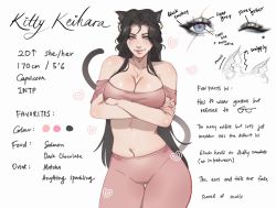Rule 34 | 1girl, animal ears, black hair, blue eyes, breasts, cat ears, cat girl, cat tail, character sheet, cleavage, collarbone, color guide, commentary, english commentary, heart, highres, jewelry, kitty keihara, large breasts, long hair, looking at viewer, navel, necklace, original, scar, scar across eye, smile, solo focus, tail, very long fingernails