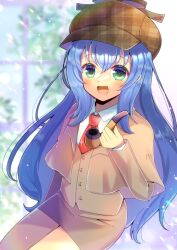 Rule 34 | 1girl, :d, blue hair, blurry, blurry background, brown capelet, brown hat, brown jacket, brown ribbon, brown skirt, cabbie hat, capelet, collared shirt, commentary request, commission, depth of field, green eyes, hair between eyes, hand up, hat, holding, holding smoking pipe, jacket, kou hiyoyo, long hair, looking at viewer, necktie, open mouth, original, pencil skirt, plaid headwear, red necktie, ribbon, shirt, skeb commission, skirt, smile, smoking pipe, solo, unmoving pattern, very long hair, white shirt, window