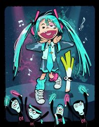 Rule 34 | 31 minutos, absurdres, aqua hair, aqua shirt, aqua socks, asymmetrical eyes, audience, baggy socks, beamed eighth notes, bird, colored lights, concert, crossover, detached sleeves, eighth note, glowstick, grey skirt, grey sleeves, hands on own chin, hatsune miku, headband, headphones, headset, heart, heart print, hernyed, highres, leg up, long necktie, loose clothes, loose shirt, loose socks, messy hair, mismatched socks, music, musical note, parody, pigeon, pink socks, puppet, quarter note, shirt, shoes, singing, skirt, sneakers, socks, spring onion, stage, stage lights, style parody, tie clip, tramoyas, treble clef, triangle nose, vocaloid, white footwear