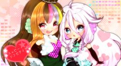 Rule 34 | 2girls, braid, galaco, galaco (neo), headphones, ia (vocaloid), long hair, mami (sweetcandy), multicolored hair, multiple girls, open mouth, pink eyes, twin braids, vocaloid, white eyes, white hair