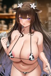 Rule 34 | 1girl, :o, alternate costume, animal ears, animal print, apron, areola slip, azur lane, bare arms, bare shoulders, bikini, blurry, blurry background, blush, breasts, brown hair, cleavage, collarbone, cow ears, cow horns, cow print, cowboy shot, cup, depth of field, drinking glass, flower, hair flower, hair ornament, highres, holding, holding cup, holding pen, horns, huge breasts, iced latte with breast milk (meme), indoors, kashino (azur lane), long hair, looking at viewer, meme, micro bikini, navel, open mouth, pen, piukute062, purple eyes, signature, skindentation, solo, swimsuit, very long hair, white flower