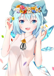 Rule 34 | 1girl, absurdres, alternate costume, arms up, bare arms, black ribbon, blue eyes, blue flower, blue hair, blue rose, breasts, cirno, daisy, fang, flower, hair between eyes, hair ribbon, hands in hair, head wreath, highres, leaning to the side, looking at viewer, mero (ly21207), open mouth, petals, pink flower, pink rose, ribbon, rose, shirt, simple background, sleeveless, sleeveless shirt, small breasts, solo, standing, teeth, touhou, upper body, upper teeth only, white background, white flower, white rose, white shirt, wings