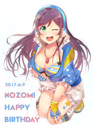 Rule 34 | 1girl, bad id, bad pixiv id, bikini, birthday, breasts, character name, cleavage, dated, english text, fingerless gloves, gloves, green eyes, hair down, happy birthday, headset, highres, jacket, large breasts, love live!, love live! school idol festival, love live! school idol project, one eye closed, purple hair, ricar, swimsuit, tojo nozomi, whistle