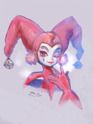 Rule 34 | 1girl, chrono cross, closed mouth, commentary request, facepaint, gloves, harlequin, hat, highres, jester, jester cap, komugiko no mori, looking at viewer, red eyes, red gloves, simple background, smile, solo, harle (chrono cross)