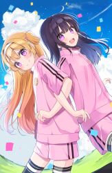Rule 34 | 2girls, :d, black hair, black thighhighs, blonde hair, blue sky, confetti, from side, hair ribbon, hairband, highres, hinata to hikari, jacket, looking at viewer, multiple girls, novel illustration, official art, open mouth, pink jacket, pink ribbon, pink shorts, purple eyes, ribbon, shorts, siblings, sisters, sky, smile, thighhighs, track jacket, two side up, white hairband, yushima