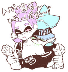 Rule 34 | 2boys, domino mask, inkling player character, male focus, mask, multiple boys, nintendo, partially colored, pointy ears, ponytail, splatoon (series), tentacle hair, tentacles, white background, yaoi
