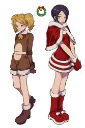 Rule 34 | 2girls, alternate costume, animal costume, aoi (yooo009), bell, blonde hair, blush, boots, bow, brown footwear, brown shorts, capelet, christmas, christmas wreath, closed mouth, cowbell, dress, full body, fur-trimmed boots, fur-trimmed capelet, fur-trimmed dress, fur-trimmed gloves, fur trim, gloves, highres, kitora ai, kuroe futaba, long hair, multiple girls, navel, parted bangs, purple hair, red dress, red eyes, red footwear, red gloves, reindeer costume, santa capelet, santa costume, santa gloves, short dress, short hair, shorts, simple background, skirt, standing, twintails, white background, world trigger, wreath