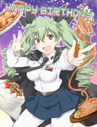 Rule 34 | 1girl, :d, anchovy (girls und panzer), anzio school uniform, bad id, bad pixiv id, belt, birthday cake, black belt, black cape, black necktie, black ribbon, black skirt, cake, cape, commentary request, cowboy shot, dress shirt, drill hair, emblem, english text, food, foreshortening, fork, girls und panzer, green hair, hair ribbon, happy birthday, highres, holding, holding fork, italian text, iwami kyuuto, long hair, long sleeves, looking at viewer, miniskirt, necktie, open mouth, pantyhose, partial commentary, pasta, pizza, pleated skirt, pointing, red eyes, ribbon, school uniform, shirt, skirt, sky, smile, solo, spaghetti, standing, star (sky), starry sky, twin drills, twintails, white pantyhose, white shirt, wing collar