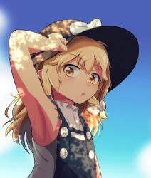 Rule 34 | 1girl, armpits, black vest, blonde hair, blue sky, bow, brown hat, hair between eyes, hair bow, hand on headwear, hansode32, hat, highres, kirisame marisa, light, looking at viewer, medium hair, open mouth, shirt, sky, sleeveless, solo, touhou, vest, white bow, white shirt, yellow eyes