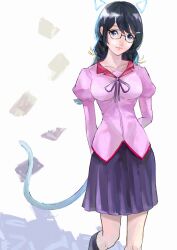 Rule 34 | 1girl, absurdres, animal ears, arms behind back, black hair, black socks, book, braid, breasts, cat ears, cat girl, cat tail, closed mouth, collarbone, commentary, expressionless, fake animal ears, feet out of frame, glasses, hanekawa tsubasa, highres, juliet sleeves, kneehighs, large breasts, lips, long hair, long sleeves, looking at viewer, monogatari (series), naoetsu high school uniform, neck ribbon, pile of books, pink shirt, pleated skirt, puffy sleeves, purple eyes, purple ribbon, purple skirt, ribbon, school uniform, shirt, simple background, skirt, socks, solo, tail, takamiya2222, twin braids, white background