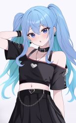 Rule 34 | blue eyes, blue hair, blue ribbon, breasts, commentary request, earrings, fawny, highres, hololive, hoshimachi suisei, jewelry, medium breasts, medium hair, navel, neck ribbon, off-shoulder shirt, off shoulder, ribbon, shirt, small breasts, star (symbol), star in eye, symbol in eye, twintails, virtual youtuber