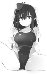 Rule 34 | 1girl, bare arms, bare shoulders, breasts, cameltoe, collarbone, cowboy shot, greyscale, hair between eyes, hat, kamukamu (ars), large breasts, looking at viewer, monochrome, one-piece swimsuit, pointy ears, pom pom (clothes), shameimaru aya, short hair, simple background, sitting, solo, spread legs, swimsuit, tassel, thighs, tokin hat, touhou, white background
