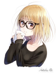 Rule 34 | 1girl, black-framed eyewear, black shirt, blonde hair, blush, breasts, brown eyes, collared shirt, commentary request, cup, fingernails, glasses, hands up, holding, holding cup, kentaurosu, long sleeves, looking at viewer, mug, original, parted lips, shirt, signature, simple background, sleeves past wrists, small breasts, solo, steam, upper body, white background