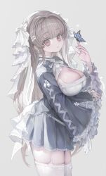 Rule 34 | 1girl, black skirt, breasts, brown hair, bug, butterfly, cleavage, closed mouth, garter straps, grey background, highres, insect, large breasts, long hair, long sleeves, looking at viewer, original, red eyes, simple background, skirt, smile, standing, thighhighs, voruvoru, white garter straps, white thighhighs, zettai ryouiki
