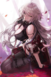 Rule 34 | 1girl, ahoge, alternate costume, armlet, bare shoulders, between breasts, black gloves, breasts, cleavage, cleavage cutout, clothing cutout, commentary request, crop top, falling petals, fate/grand order, fate (series), gloves, goomrrat, grin, hair between eyes, highres, jacket, jeanne d&#039;arc (fate), jeanne d&#039;arc alter (avenger) (fate), jeanne d&#039;arc alter (fate), large breasts, long hair, looking at viewer, midriff, open clothes, open jacket, pants, petals, silver hair, sitting, smile, strap between breasts, thigh strap, white jacket, yellow eyes