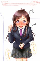 Rule 34 | 1girl, apotea, black jacket, blush, brown hair, clenched hand, cowboy shot, embarrassed, english text, female focus, grey skirt, hand up, have to pee, idolmaster, idolmaster cinderella girls, indoors, jacket, japanese text, legs together, long hair, long sleeves, looking at viewer, necktie, nose blush, open mouth, peeing, peeing self, plaid, plaid skirt, pleated skirt, purple eyes, purple neckwear, school uniform, skirt, solo, speech bubble, standing, sweat, tears, translation request, trembling, tsujino akari, urine meter, wet, wet clothes, white background, wide-eyed
