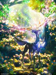 Rule 34 | artist name, blue eyes, blurry, commentary request, creatures (company), day, ekm, flower, full body, game freak, gen 6 pokemon, glowing, highres, legendary pokemon, looking up, nintendo, no humans, outdoors, pokemon, pokemon (creature), standing, watermark, xerneas