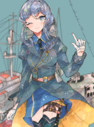 Rule 34 | 1girl, black necktie, black thighhighs, blouse, blue background, blue eyes, blue hair, blue jacket, blue shirt, blue skirt, breasts, cannon, dagger, gloves, gotland (kancolle), gotland andra (kancolle), hair between eyes, hair bun, half gloves, itomugi-kun, jacket, kantai collection, knife, lips, long hair, long sleeves, looking at viewer, machinery, medium breasts, military, military uniform, mole, mole under eye, necktie, one eye closed, rigging, shirt, simple background, single hair bun, skirt, smile, smokestack, solo, text focus, thigh strap, thighhighs, turret, uniform, weapon, white background, white gloves