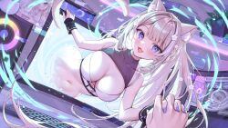 Rule 34 | 1girl, 1other, alllisso, animal ear fluff, animal ears, blonde hair, blue eyes, blush, breasts, cat ears, cat girl, cat tail, commission, crop top, dutch angle, highres, holding hands, keyboard (computer), large breasts, long hair, looking at viewer, monitor, navel, open mouth, sakurai hana, tail, through medium, through screen, vdonburi, virtual youtuber, wrist cuffs