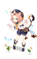 Rule 34 | 1girl, :3, :d, absurdres, animal ear fluff, animal ears, animal print, aqua eyes, bangs pinned back, belt, belt pouch, bent over, blue footwear, boots, cat ears, cat girl, cat print, cat tail, commentary request, detached sleeves, diona (genshin impact), flower, full body, genshin impact, hat, highres, knee boots, looking at viewer, midriff, open mouth, paw pose, pink hair, pouch, short hair, shorts, sidelocks, simple background, smile, solo, tail, thick eyebrows, white background, youmi kong xiang