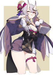 Rule 34 | 1girl, black bow, bow, breasts, cleavage, crescent, crescent hair ornament, grey hair, hair between eyes, hair bow, hair ornament, hair tubes, hat, highres, horns, japanese clothes, kimono, long hair, long sleeves, looking at viewer, medium breasts, mole, mole under mouth, nijisanji, o-ring, o-ring top, obi, one eye closed, oni, open mouth, pointy ears, pom pom (clothes), purple bow, purple eyes, purple kimono, rindou mikoto, rope, sash, sh (shinh), shimenawa, short eyebrows, short kimono, skin-covered horns, sleeves past wrists, smile, solo, thigh strap, thighs, v, virtual youtuber, white hat, wide sleeves
