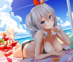 Rule 34 | 10s, 1girl, ass, ball, bare shoulders, barefoot, beach, beachball, beret, bikini, black bikini, blue eyes, blush, breasts, butt crack, cleavage, close-up, day, fingernails, hair between eyes, hat, horizon, kantai collection, kashima (kancolle), large breasts, long fingernails, looking at viewer, lotion, lying, mirea, ocean, on stomach, outdoors, parfait, silver hair, smile, solo, sunlight, sunscreen, swimsuit, the pose, twintails, untied bikini, wavy hair
