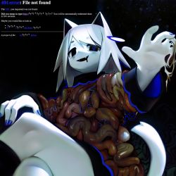 Rule 34 | 1girl, 404, animal ears, black background, black eyes, blue nails, blue pupils, cat ears, cat girl, cat tail, crossed legs, drooling, english text, fang, guro, gut cat girl, hand up, http status code, intestine clothing, intestines, melting, nail polish, original, short hair, simple background, sitting, tail, v1v404, white hair