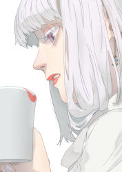 Rule 34 | 1girl, absurdres, blunt bangs, cup, earrings, eyelashes, fingernails, highres, holding, holding cup, jewelry, lipstick, lipstick mark, looking at object, looking away, looking down, makeup, mug, original, parted lips, portrait, profile, purple eyes, red lips, sekisouseki, simple background, single earring, solo, teeth, white background, white hair, white theme