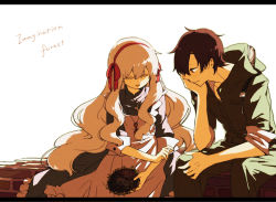Rule 34 | 1boy, 1girl, backlighting, closed eyes, dress, eyelashes, food, fruit, head rest, jewelry, jumpsuit, kagerou project, key, key necklace, kozakura marry, letterboxed, long hair, necklace, seto kousuke, short hair, simple background, sitting, sleeves rolled up, song name, souzou forest (vocaloid), uini, very long hair, vocaloid, white background, white hair
