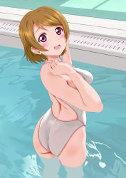 Rule 34 | 1girl, absurdres, ass, blush, breasts, competition swimsuit, from behind, highres, keisuke (0320030103200301), koizumi hanayo, looking at viewer, looking back, love live!, love live! school idol project, medium breasts, one-piece swimsuit, open mouth, orange hair, pool, purple eyes, short hair, solo, swimsuit, teeth, upper teeth only, wading, water, white one-piece swimsuit