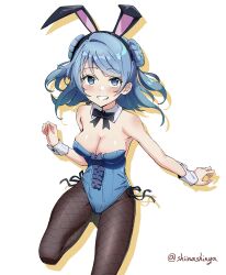 Rule 34 | 1girl, animal ears, bare shoulders, black gloves, black pantyhose, blue eyes, blue hair, blue leotard, blush, bow, bowtie, breasts, detached collar, double bun, fake animal ears, fishnet pantyhose, fishnets, gloves, hair bun, highres, kantai collection, large breasts, leotard, liking, open mouth, pantyhose, playboy bunny, rabbit ears, smile, solo, strapless, strapless leotard, twitter username, urakaze (kancolle), wrist cuffs