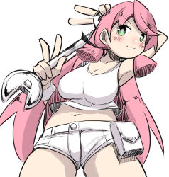 Rule 34 | 10s, 1girl, akashi (kancolle), bad id, bad pixiv id, bare shoulders, breasts, cleavage, denim, green eyes, hair ribbon, highres, kantai collection, large breasts, long hair, looking at viewer, midriff, navel, partially colored, pink hair, ribbon, short shorts, shorts, sleeveless, smile, solo, tank top, tress ribbon, twintails, u-non (annon&#039;an), wrench