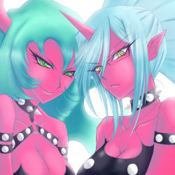 Rule 34 | 10s, 2girls, ao (daisuki), bad id, bad pixiv id, blue hair, breasts, cleavage, collar, colored skin, demon girl, glasses, green hair, horns, kneesocks (psg), multiple girls, panty &amp; stocking with garterbelt, pointy ears, red skin, scanty (psg), siblings, sisters, smile