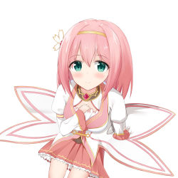 Rule 34 | 1girl, absurdres, arm support, blush, breasts, brown hairband, closed mouth, commentary request, from above, green eyes, hair between eyes, hairband, hand on own chest, hand up, highres, juliet sleeves, long hair, long sleeves, looking at viewer, looking up, medium breasts, pink hair, pleated skirt, princess connect!, puffy sleeves, red skirt, roido (taniko-t-1218), shirt, simple background, skirt, smile, solo, split mouth, white background, white shirt