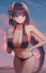 Rule 34 | 1girl, absurdres, alternate costume, armpits, bare arms, bare shoulders, bikini, black bikini, black choker, black hair, braid, breasts, choker, cleavage, closed mouth, cowboy shot, dusk, genshin impact, hair ornament, halterneck, hand on own hip, hand on own chest, hand up, highres, large breasts, long hair, looking at viewer, navel, outdoors, purple eyes, raiden shogun, single braid, smile, solo, standing, stomach, swimsuit, thighs, very long hair, yareen