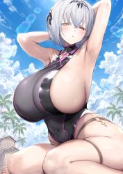 Rule 34 | 1girl, absurdres, alicia renato (yashiro sousaku), armpits, arms behind head, arms up, bare arms, blush, breasts, commission, covered navel, haoni, heterochromia, highres, huge breasts, looking at viewer, one-piece swimsuit, original, outdoors, palm tree, parted lips, red eyes, sideboob, sky, swimsuit, thighlet, tree, yellow eyes