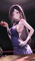 Rule 34 | 1girl, absurdres, alcohol, armpit crease, asymmetrical bangs, bare arms, bare shoulders, black hair, breasts, cocktail shaker, crescent, crescent earrings, cup, dress, earrings, final fantasy, final fantasy vii, final fantasy vii remake, hand on own hip, highres, holding, holding cup, jewelry, large breasts, light smile, long hair, looking at viewer, official alternate costume, purple dress, red eyes, sideboob, sleeveless, sleeveless dress, solo, square enix, tifa lockhart, tifa lockhart (refined dress), tooku0, wall market