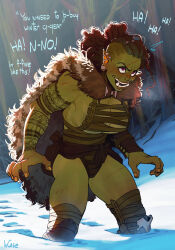 Rule 34 | 1girl, :d, artist name, breasts, brown eyes, brown footwear, brown hair, cape, colored skin, commentary, dreadlocks, earrings, english commentary, english text, fangs, female orc, fingernails, fur cape, green skin, highres, incase, jewelry, large breasts, long hair, open mouth, orc, original, pointy ears, scar, scar on face, smile, snow, snowing, solo, tattoo, tree