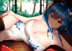 Rule 34 | 1girl, ahoge, alternate costume, armpits, azur lane, bare shoulders, black thighhighs, blue hair, blurry, blurry background, blush, bow, breasts, bush, calligraphy brush, china dress, chinese clothes, cleavage, cleavage cutout, closed mouth, clothing cutout, crossed bangs, day, doorway, dress, floral print, garter straps, gloves, hair between eyes, hair bow, hair ribbon, hand on own thigh, hand on thigh, highres, lace, lace-trimmed legwear, lace trim, large breasts, long hair, looking at viewer, lying, on side, paintbrush, purple eyes, ribbon, shaded face, shiny skin, side slit, sidelocks, smile, solo, st. louis (azur lane), st. louis (blue and white pottery) (azur lane), thighhighs, thighs, tree, white bow, white dress, white ribbon, wsman