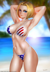 Rule 34 | 1girl, american flag bikini, armpits, bare shoulders, beach, bikini, blonde hair, blue eyes, blue mary, breasts, closed mouth, easonx, fatal fury, flag print, highres, large breasts, looking at viewer, navel, short hair, smile, snk, solo, swimsuit, the king of fighters