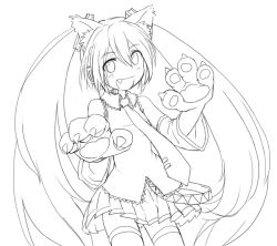 Rule 34 | 1girl, akikan (watashi no sekai), animal costume, animal ears, animal hands, cat ears, cat girl, cat paws, detached sleeves, fang, female focus, gloves, greyscale, hatsune miku, headset, lineart, long hair, monochrome, necktie, open mouth, paw gloves, simple background, skirt, solo, thighhighs, twintails, very long hair, vocaloid, white background