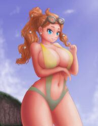 Rule 34 | 1girl, arm under breasts, blue eyes, breasts, brown hair, cleavage, completely nude, creatures (company), day, eyewear on head, game freak, glasses on head, hill, large breasts, narrow waist, nintendo, nude, pokemon, pokemon swsh, ponytail, pussy, saf-404, slingshot swimsuit, solo, sonia (pokemon), standing, sunlight, swimsuit, tagme, two-tone swimsuit
