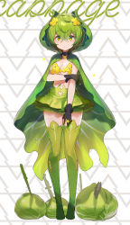 Rule 34 | 1girl, :o, black choker, black gloves, blush, boots, breasts, cabbage, cape, choker, collarbone, commentary request, flower, food-themed clothes, full body, gloves, green cape, green eyes, green footwear, green hair, green skirt, green thighhighs, hair between eyes, hair flower, hair ornament, hayama eishi, highres, knife, looking at viewer, medium breasts, original, parted lips, personification, pleated skirt, short hair, skirt, solo, standing, thigh boots, thighhighs, yellow flower