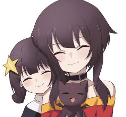 Rule 34 | 2girls, ^ ^, absurdres, bare shoulders, black cat, black choker, blunt bangs, blush, brown hair, cat, choker, chomusuke, close-up, closed eyes, closed mouth, commentary, dress, eyebrows hidden by hair, facing viewer, hair ornament, happy, heads together, highres, komekko, kono subarashii sekai ni shukufuku wo!, low twintails, lyourika, megumin, multiple girls, no headwear, off-shoulder dress, off shoulder, red dress, short hair, short hair with long locks, short twintails, simple background, smile, split mouth, star (symbol), star hair ornament, symbol-only commentary, twintails, white background