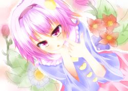 Rule 34 | 1girl, blush, head rest, female focus, flower, hairband, hand on another&#039;s chin, hand on own chin, heart, komeiji satori, pink eyes, pink hair, pointing, pointing at self, solo, touhou, yuimari