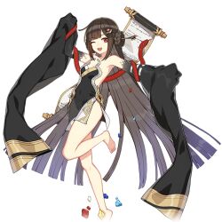 Rule 34 | 1girl, bare legs, bare shoulders, barefoot, black hair, chinese clothes, detached sleeves, floating, floating object, full body, hair ornament, honkai (series), honkai impact 3rd, long hair, nuwa (honkai impact), official art, one eye closed, red eyes, red snake, scales, scroll, smile, snake, third-party source, transparent background