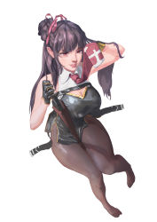 1girl, absurdres, arm up, bare shoulders, black gloves, braid, breasts, brown hair, bullpup, cleavage, cleavage cutout, clothing cutout, eyebrows visible through hair, girls frontline, gloves, gun, half gloves, highres, holding, holding weapon, long hair, multicolored, multicolored clothes, multicolored gloves, no shoes, pantyhose, parted lips, pink eyes, pink lips, red neckwear, rifle, smile, sniper rifle, solo, tribute tea, two-tone gloves, wa2000 (girls frontline), walther, walther wa 2000, weapon, white background, yellow gloves