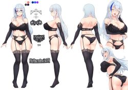 Rule 34 | 1girl, absurdres, ass, breasts, butt crack, character sheet, cleavage, garter belt, garter straps, glasses, gloves, happy, heterochromia, highres, huge breasts, lace, lingerie, long hair, mimoza (96mimo414), multiple views, panties, smile, thighhighs, underwear